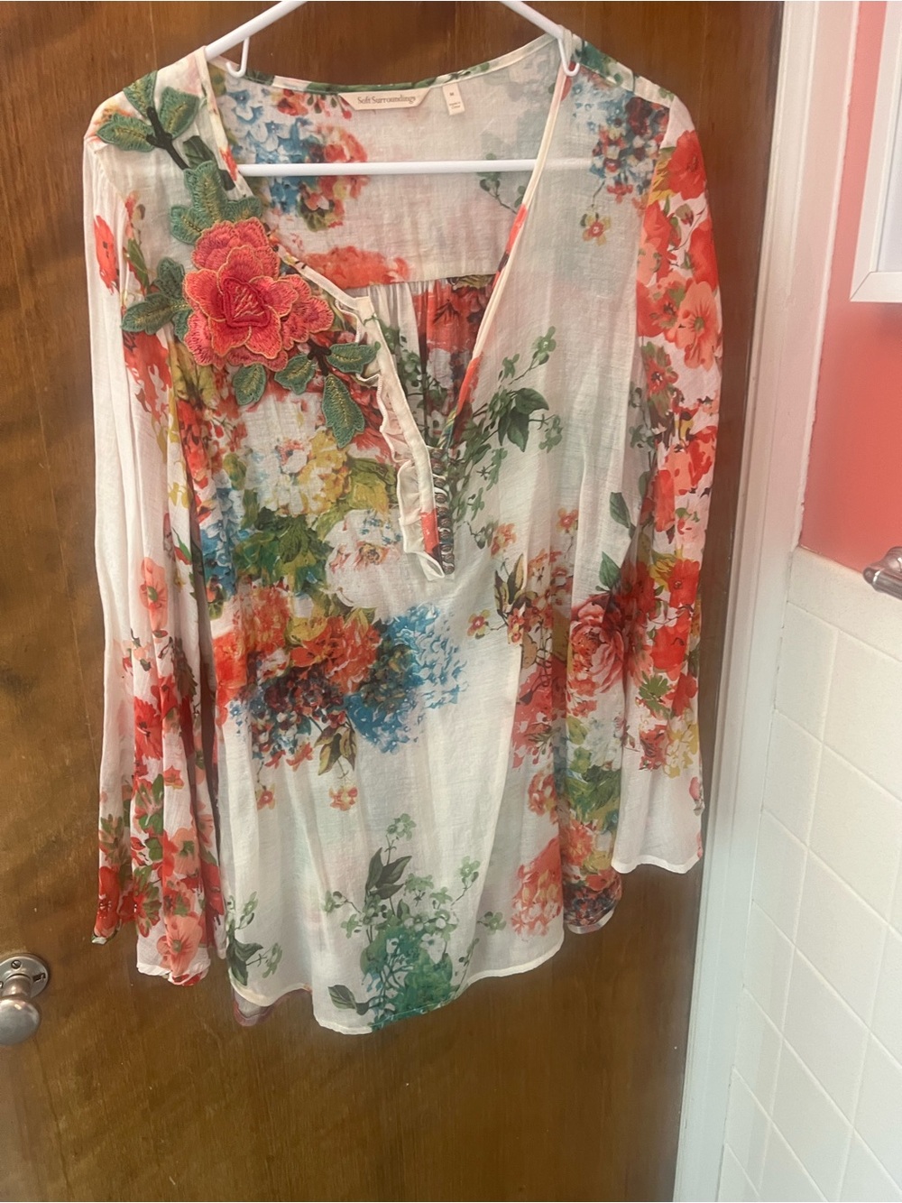 Soft Surroundings White Floral V-Neck Tunic with Red & Green Accents